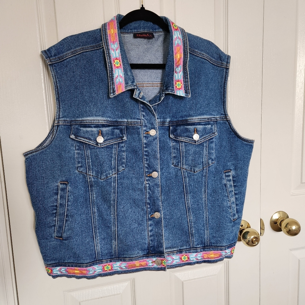 Vintage Jean Vest from Denim&Co with Geometric Patterened Ribbon Embellishments